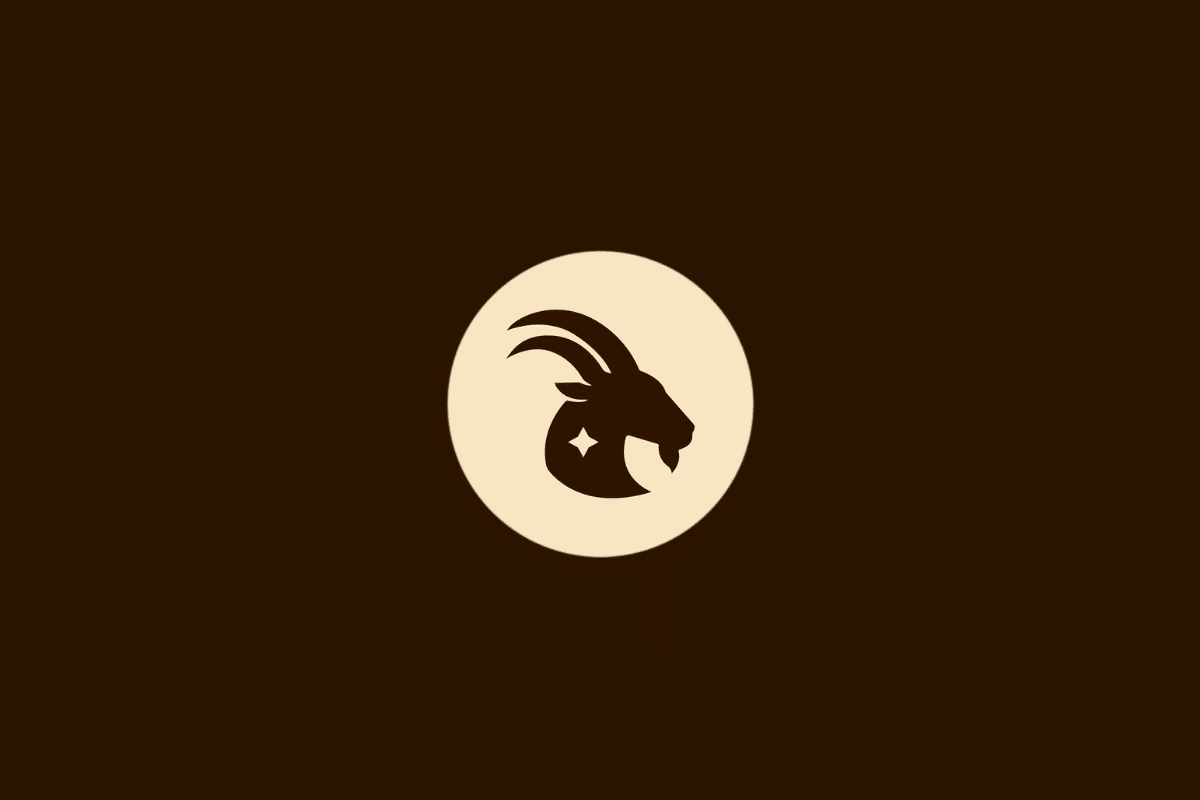 Ilustração vetorial do signo de Capricórnio, representada pelo perfil da cabeça de uma cabra com chifres e uma estrela de quatro pontas ao lado, dentro de um círculo bege sobre fundo marrom.