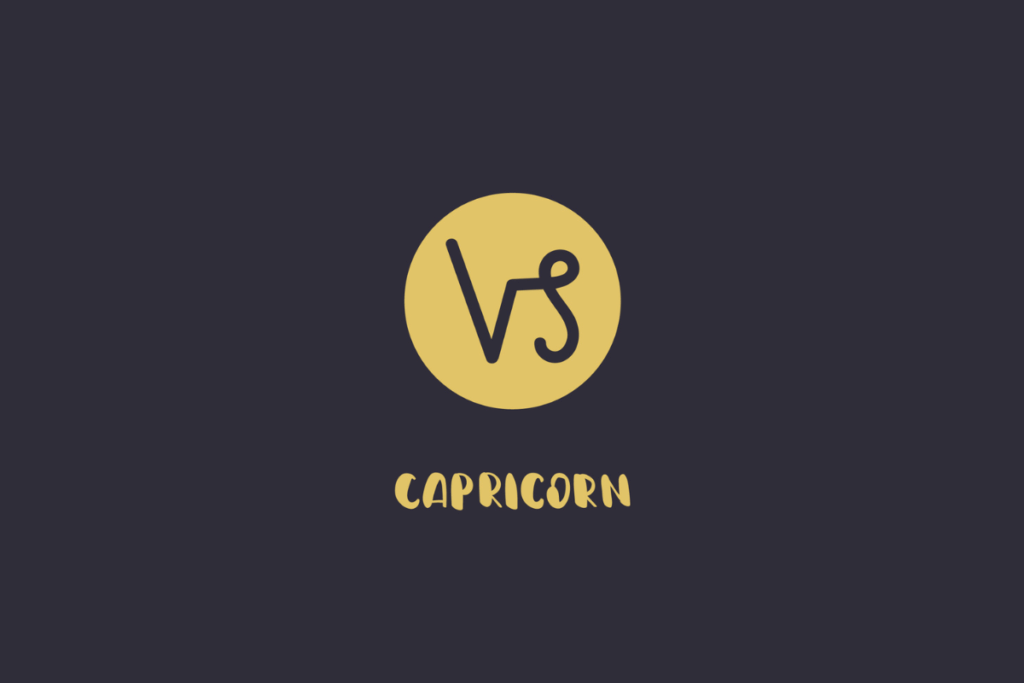 Fundo escuro com o símbolo do signo de Capricórnio em formato de chifres e cauda pretos dentro de um círculo amarelo, acompanhado pela palavra "CAPRICORN" em amarelo abaixo.