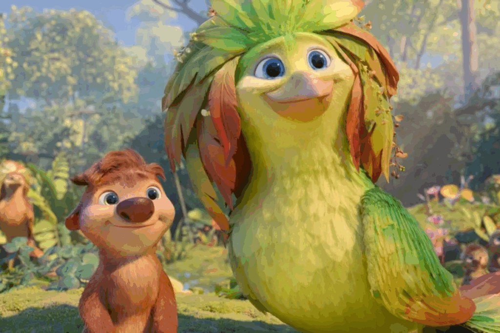 Dois personagens de animação em um ambiente de floresta iluminada. À direita, uma grande ave de penas amarelas e verdes com adorno de folhas coloridas na cabeça. À esquerda, um pequeno animal marrom com nariz grande e visual amigável, ambos sorrindo.
