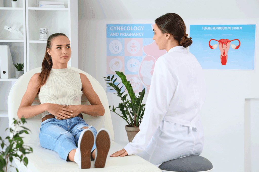 Paciente jovem deitada em uma maca de exame ginecológico conversando com uma médica de jaleco branco de costas, em um consultório decorado com cartazes sobre ginecologia e o sistema reprodutor feminino.