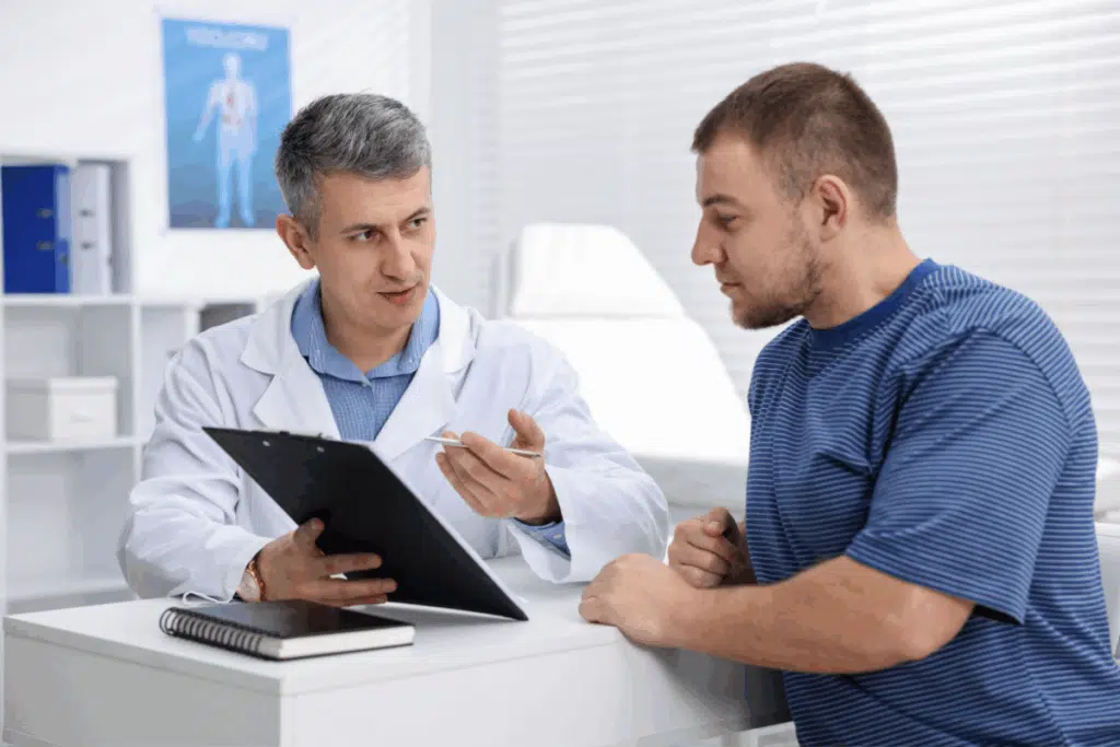 Um médico de jaleco branco e cabelo grisalho está sentado em seu consultório, segurando uma prancheta com papéis e conversando com um paciente homem de camiseta azul listrada. O paciente escuta atentamente enquanto o médico gesta com uma caneta. Ao fundo, veem-se prateleiras brancas, uma maca e um cartaz anatômico na parede.