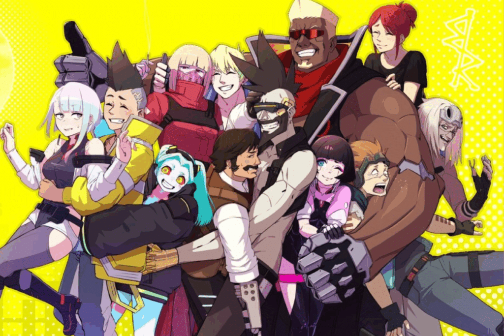Uma ilustração colorida em estilo anime com um grupo diversificado de personagens expressivos e estilizados abraçados sobre um fundo amarelo vibrante.