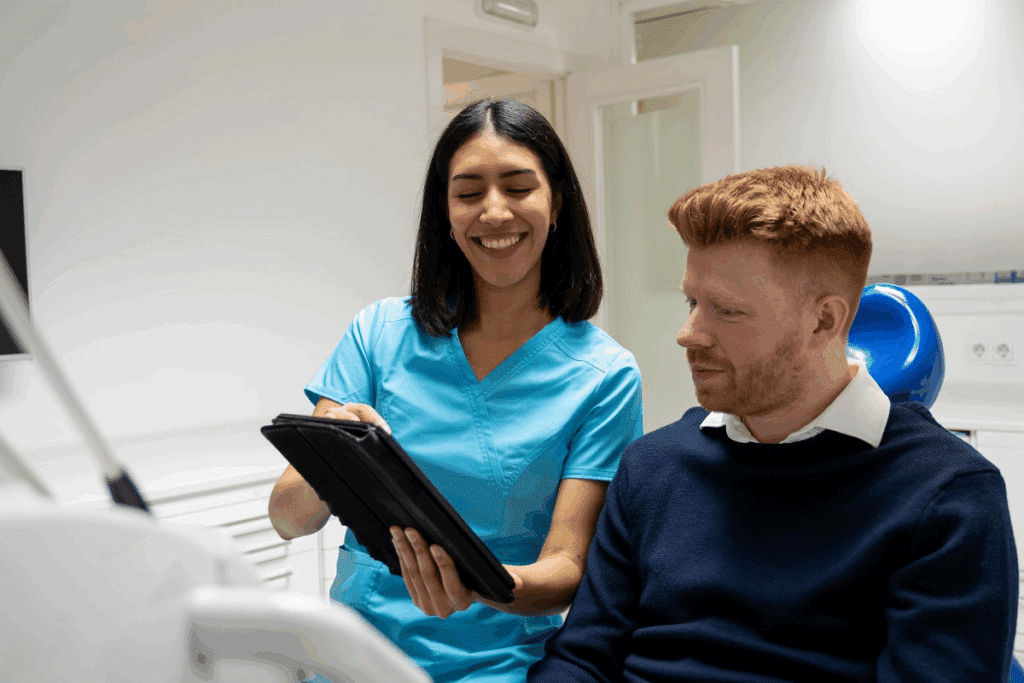 Uma dentista de uniforme azul sorri enquanto mostra a tela de um tablet para um paciente ruivo sentado na cadeira odontológica em um consultório claro. Ele observa atentamente as informações apresentadas no dispositivo.