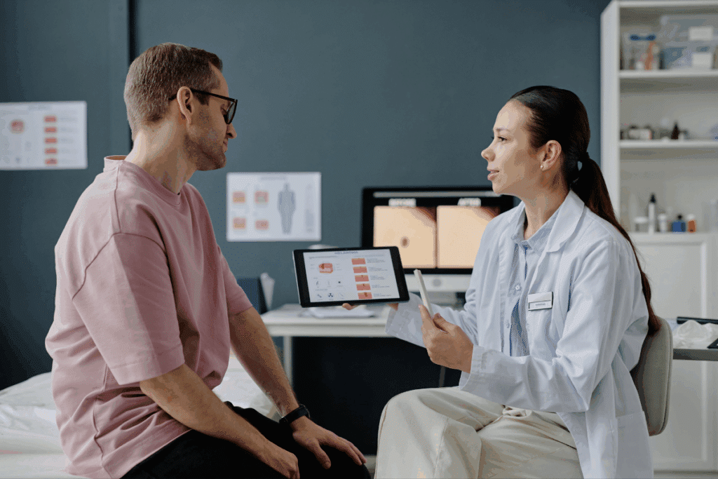 Médica de jaleco branco sentada em um consultório mostrando a tela de um tablet com gráficos e informações médicas para um homem vestindo camiseta rosa e óculos.