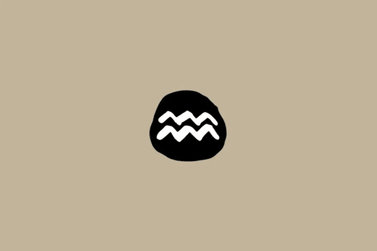 Símbolo do signo de Aquário em branco dentro de um círculo preto sobre um fundo bege 