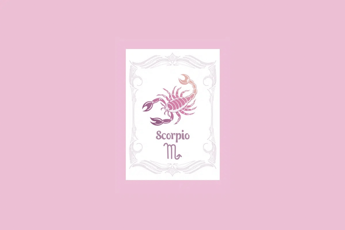 Um cartão branco com uma moldura ornamentada em rosa claro contém a ilustração de um escorpião com um gradiente de roxo a laranja, e o texto "Scorpio" acima do símbolo do escorpião, tudo sobre um fundo rosa sólido. 