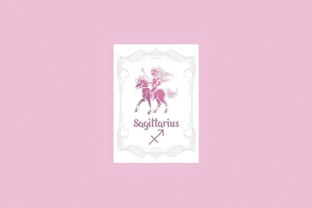 Um cartão branco com uma moldura ornamentada em rosa claro contém a ilustração de um centauro com um gradiente de roxo a laranja, e o texto "Sagittarius" acima do símbolo do centauro, tudo sobre um fundo rosa sólido. 