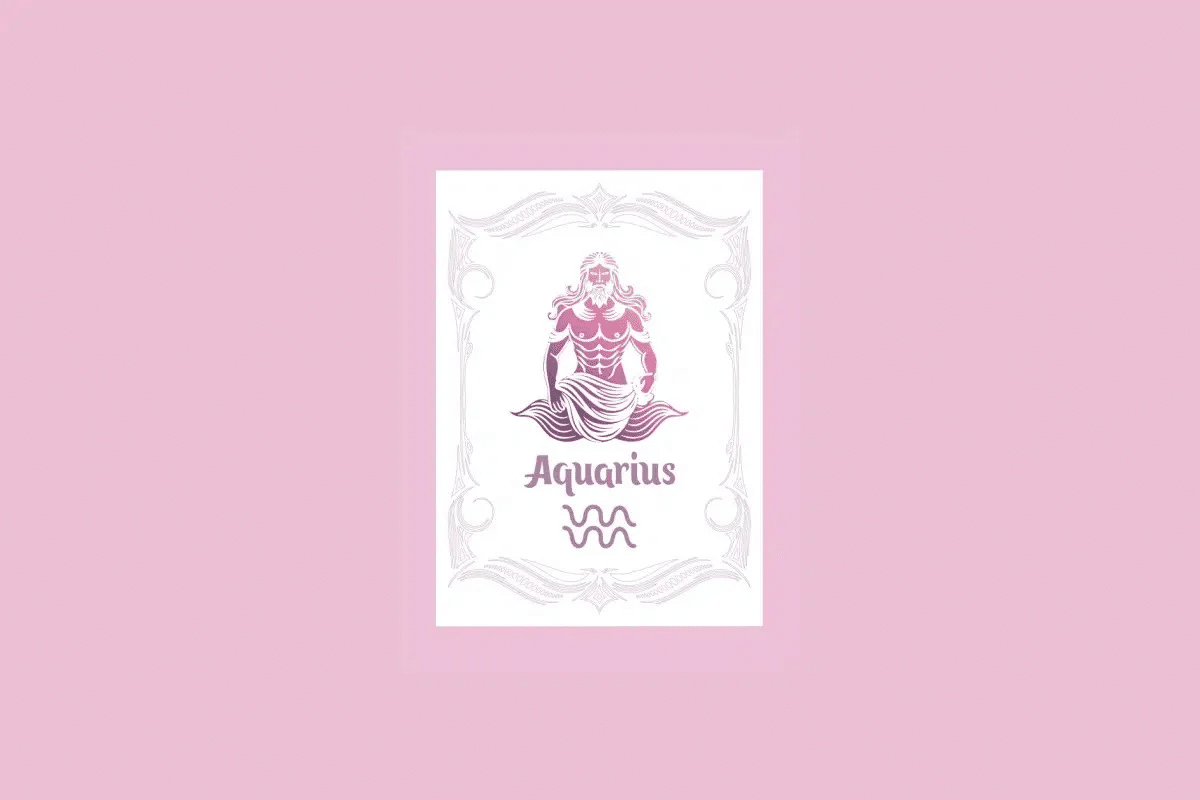Um cartão branco com uma moldura ornamentada em rosa claro contém a ilustração de um homem derramando água com um gradiente de roxo a laranja, e o texto "Aquarius" acima do símbolo das ondas, tudo sobre um fundo rosa sólido. 