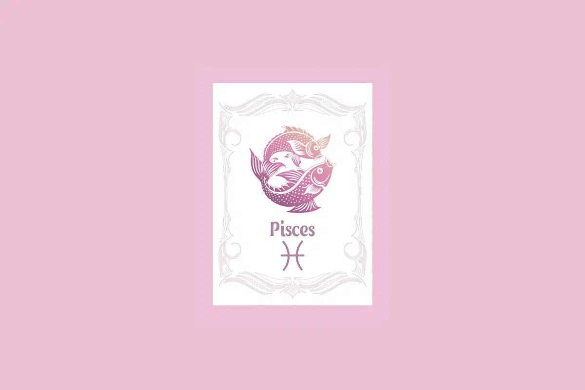 Um cartão branco com uma moldura ornamentada em rosa claro contém a ilustração de dois peixes nadando em direções opostas com um gradiente de roxo a laranja, e o texto "Pisces" acima do símbolo dos peixes, tudo sobre um fundo rosa sólido. 
