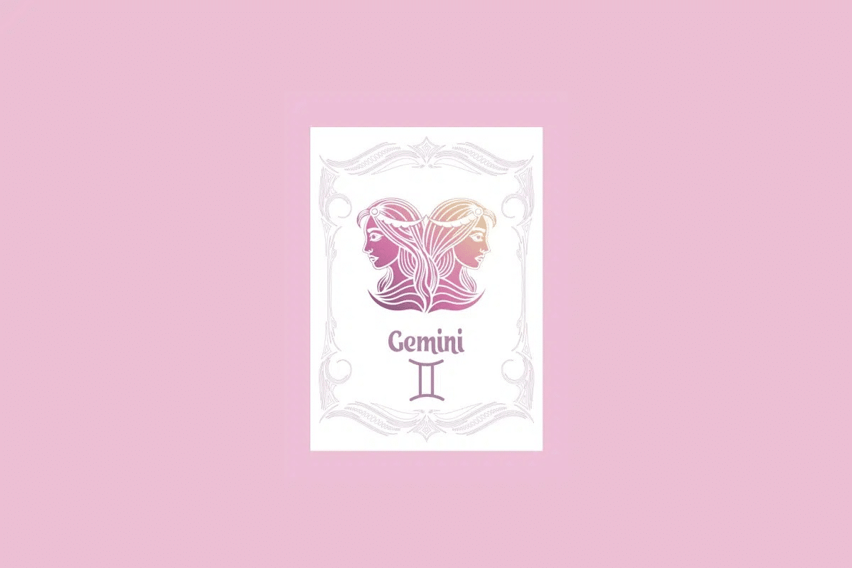 Um cartão branco com uma moldura ornamentada em rosa claro contém a ilustração de duas cabeças femininas olhando para direções opostas com um gradiente de roxo a laranja, e o texto "Gemini" acima do símbolo de gêmeos, tudo sobre um fundo rosa sólido. 