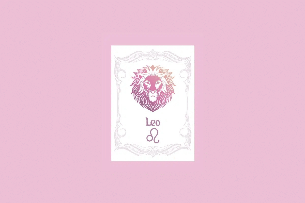 Um cartão branco com uma moldura ornamentada em rosa claro contém a ilustração da cabeça de um leão com um gradiente de roxo a laranja, e o texto "Leo" acima do símbolo do leão, tudo sobre um fundo rosa sólido. 