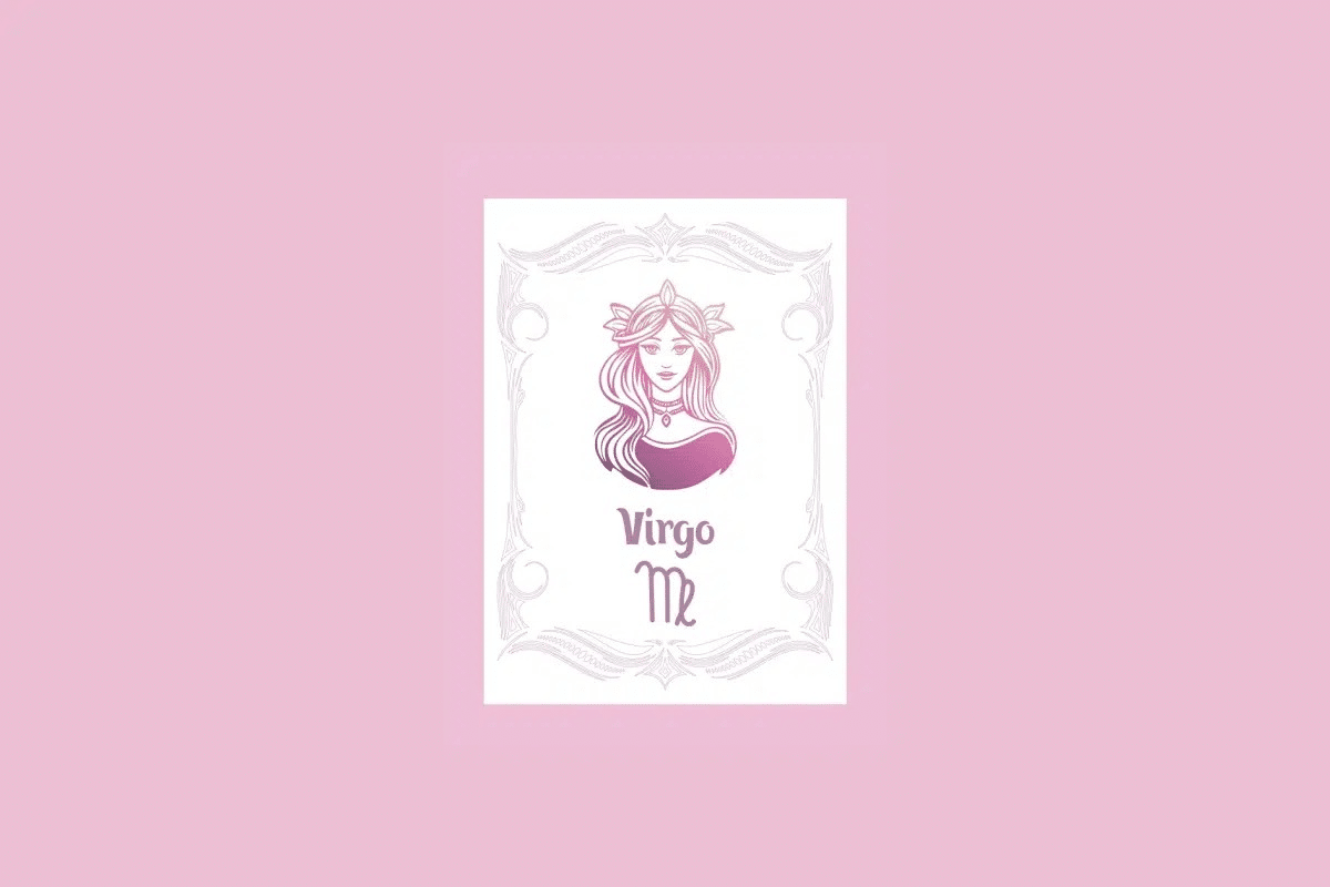 Um cartão branco com uma moldura ornamentada em rosa claro contém a ilustração do busto de uma mulher com um gradiente de roxo a laranja, e o texto "Virgo" acima do símbolo de virgem, tudo sobre um fundo rosa sólido. 