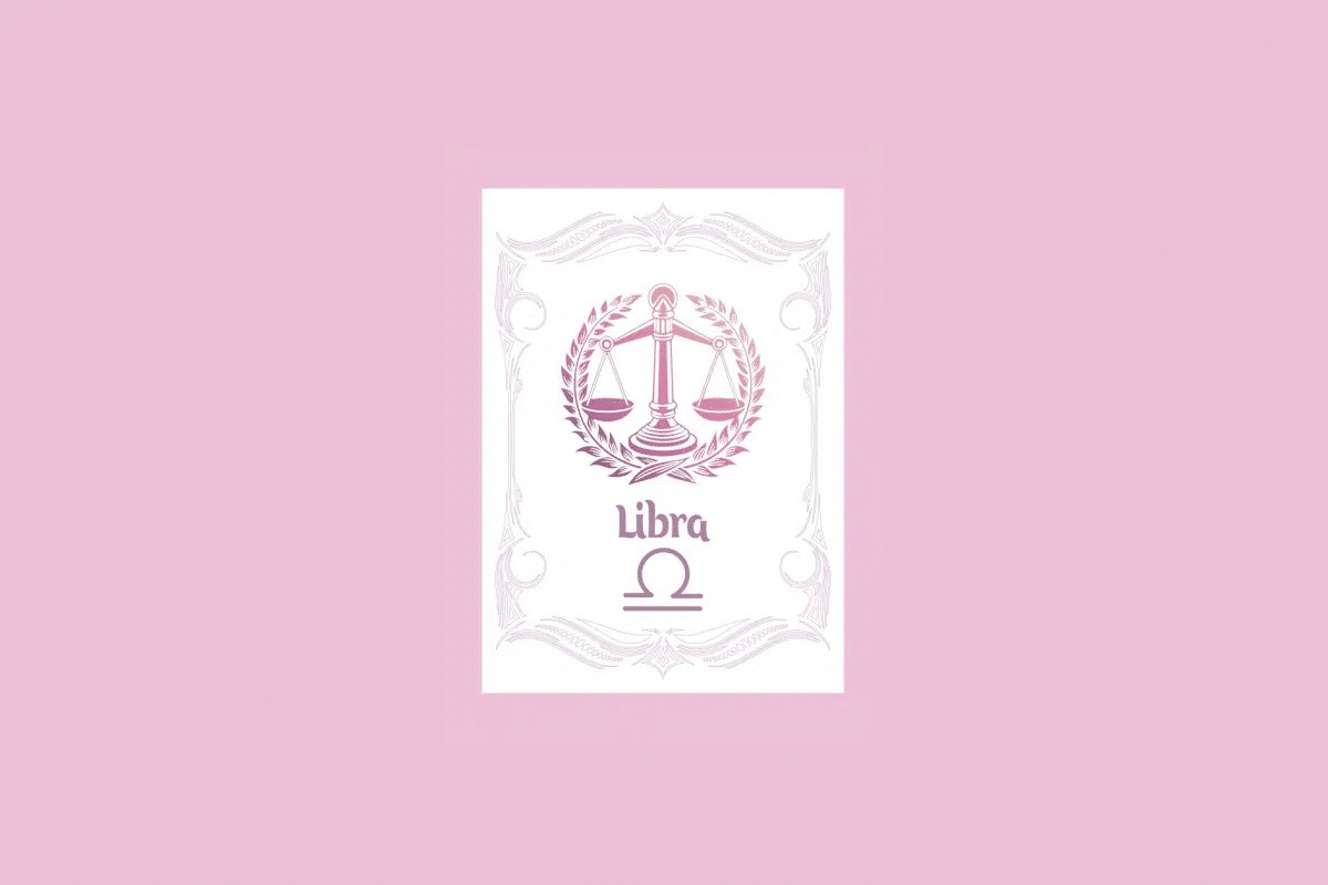 Um cartão branco com uma moldura ornamentada em rosa claro contém a ilustração de uma balança com um gradiente de roxo a laranja, e o texto "Libra" acima do símbolo da balança, tudo sobre um fundo rosa sólido. 