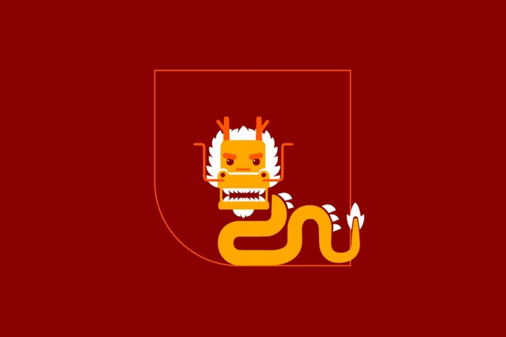 Ilustração vetorial simplificada de um dragão amarelo e laranja sobre um fundo vermelho.
