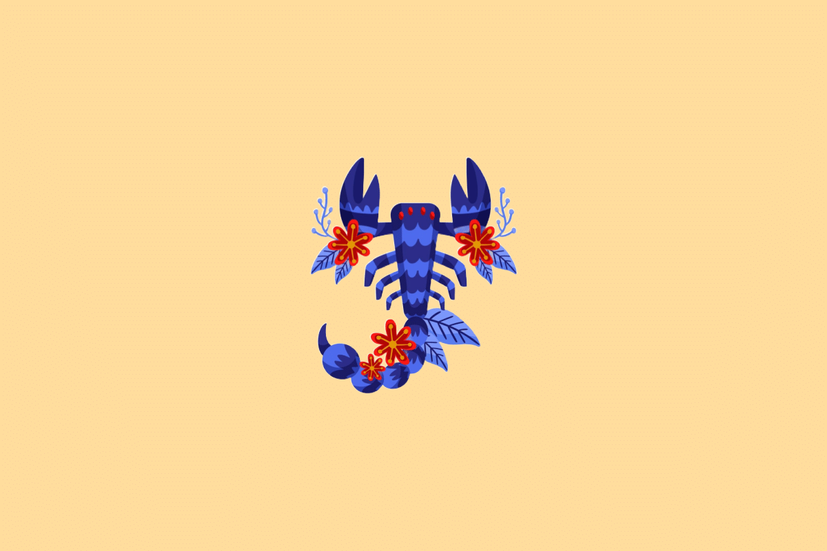Ilustração estilizada do signo de Escorpião. No centro, um escorpião azul com tons arroxeados visto de cima, decorado com flores vermelhas de miolo amarelo e ramos de folhas azuis ao longo do corpo e da cauda. O fundo é de cor amarela clara uniforme.