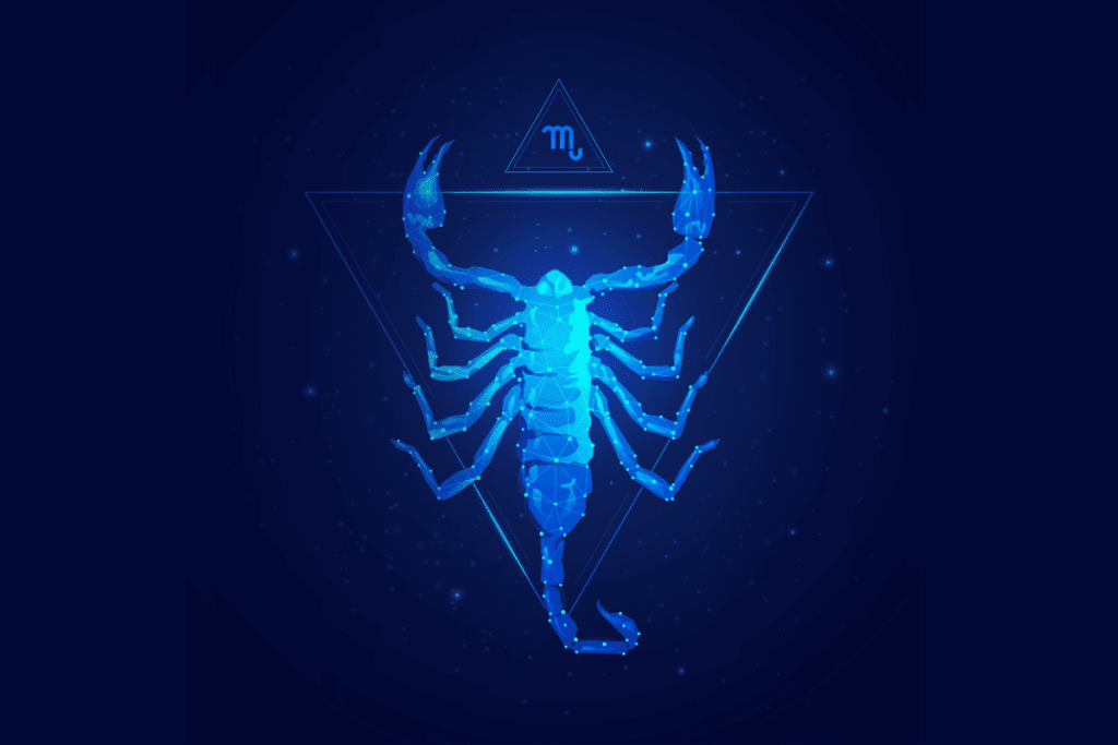 Ilustração em fundo azul-escuro com a figura de um escorpião feito por linhas e pontos luminosos em tom azul-brilhante. Acima dele, há um pequeno triângulo com o símbolo do signo de Escorpião.