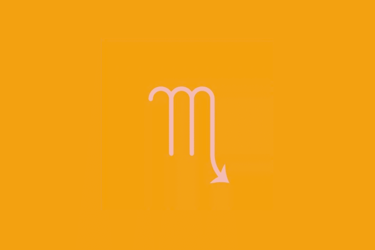 Símbolo do signo de Escorpião em linhas rosa-claro sobre um fundo amarelo-alaranjado.