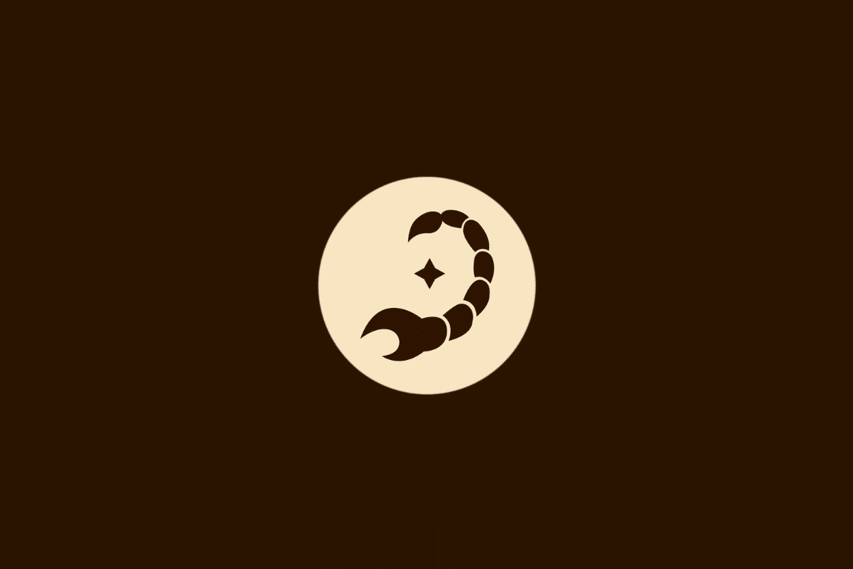 Ilustração vetorial do signo de Escorpião, representada pela silhueta de um escorpião com a cauda curvada e uma estrela de quatro pontas ao lado, centralizada em um círculo bege sobre fundo marrom.
