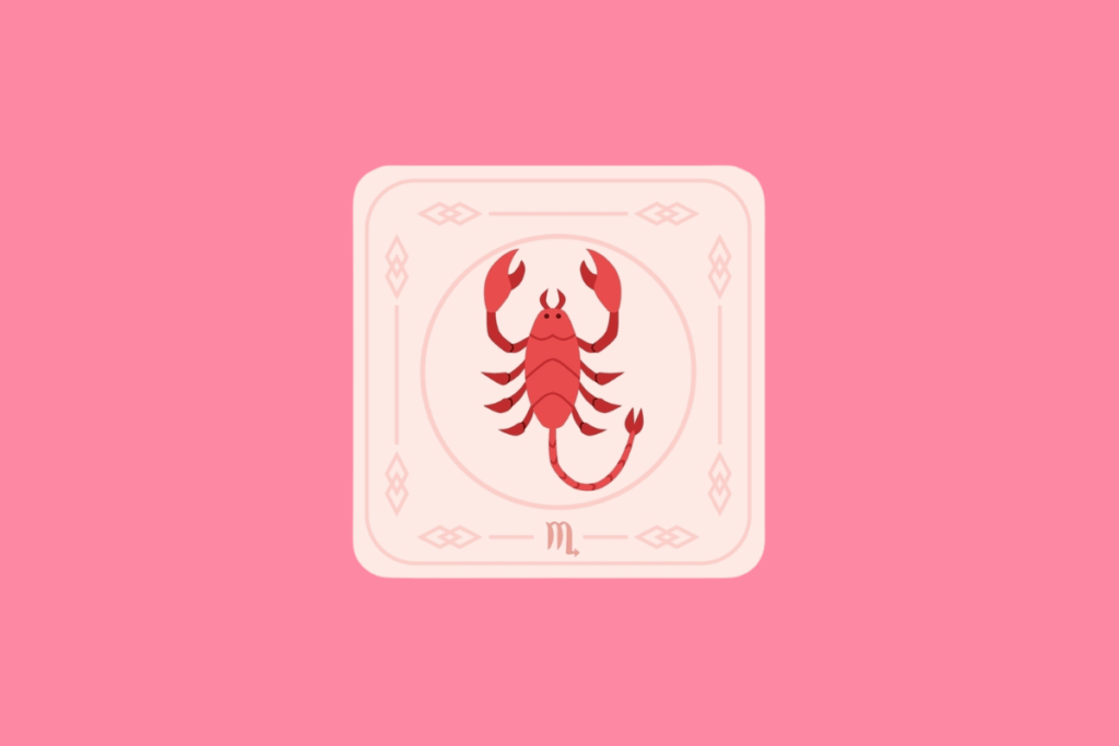 Ilustração estilizada de uma carta com fundo rosa pastel. No centro, dentro de uma moldura circular, há a figura de um escorpião vermelho. Na parte inferior da carta, encontra-se o símbolo do signo de Escorpião.