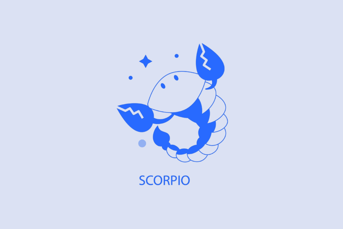 Ilustração minimalista em tons de azul e branco representando o signo de Escorpião. Mostra um escorpião com garras levantadas, acompanhado de pequenos pontos e uma estrela ao fundo. Na parte inferior, está escrita a palavra "SCORPIO" em letras maiúsculas azul-escuro.