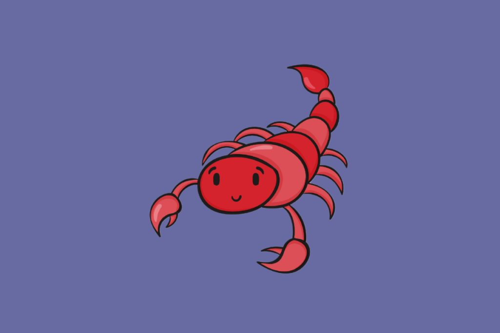 Ilustração estilizada de um escorpião vermelho sorridente em vista superior sobre fundo roxo.