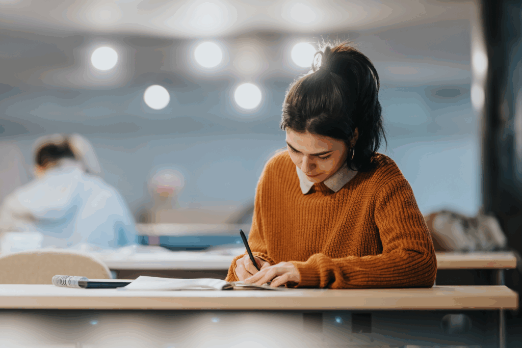 Mulher com cabelo preso e blusa de tricô Laranja/Marrom concentrada escrevendo em um caderno em uma mesa de estudos.