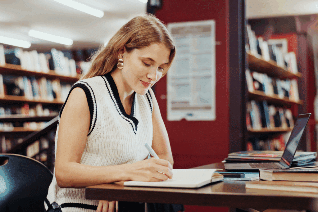 Mulher de cabelo loiro e colete claro escrevendo em um caderno em uma mesa de biblioteca, com estantes de livros ao fundo.