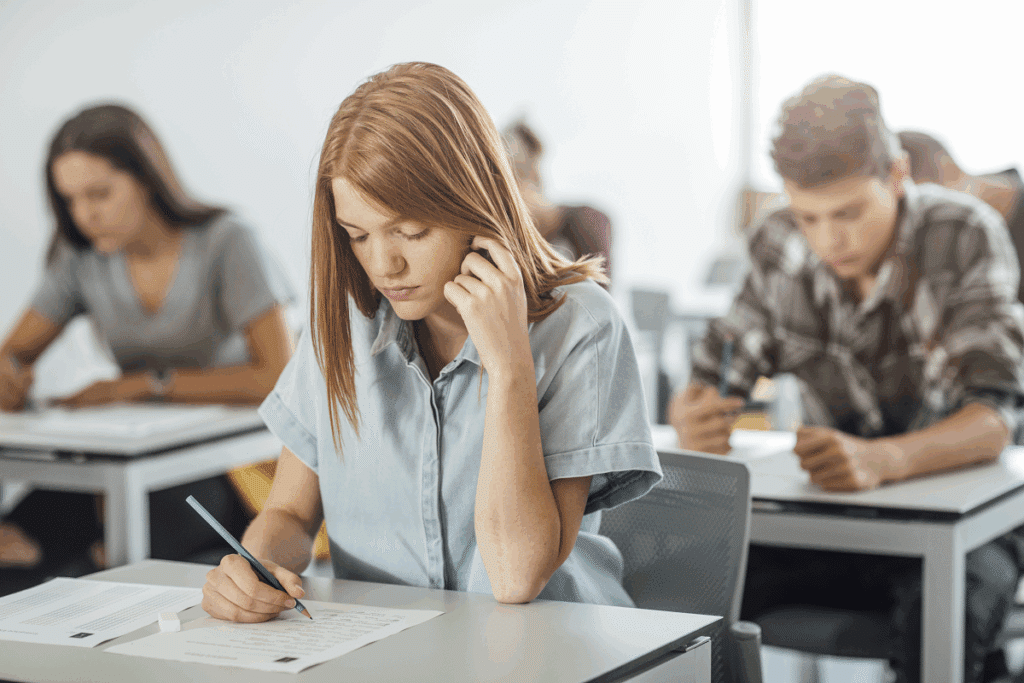 Jovem loira sentada em uma carteira escolar, concentrada enquanto escreve em uma prova, com outros estudantes ao fundo.