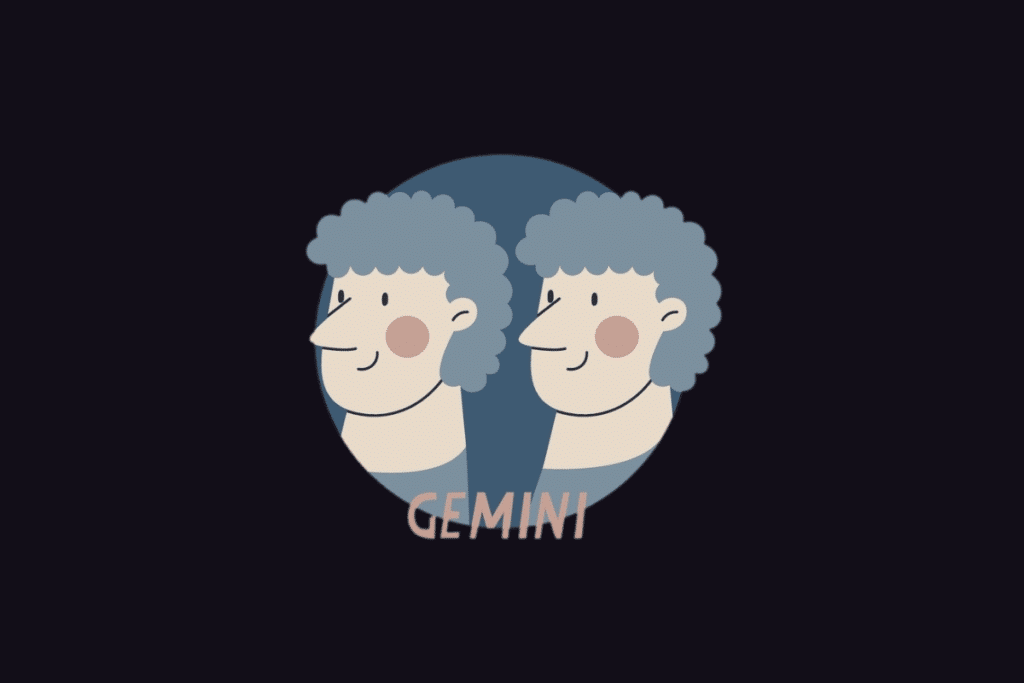 Ilustração do signo de Gêmeos com o texto "Gemini", retratando o perfil de duas pessoas idênticas lado a lado com cabelos cacheados cinzas sobre um fundo circular azul.