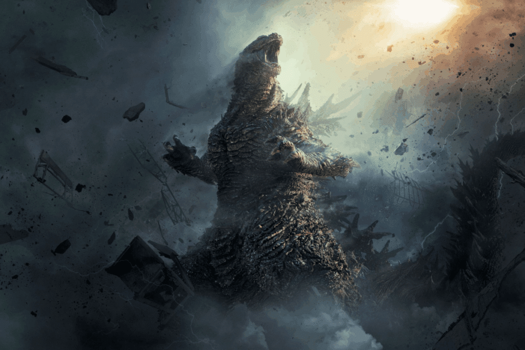 O monstro gigante Godzilla ruge furiosamente em meio a escombros voadores, nuvens de fumaça escura e relâmpagos sob um céu tempestuoso