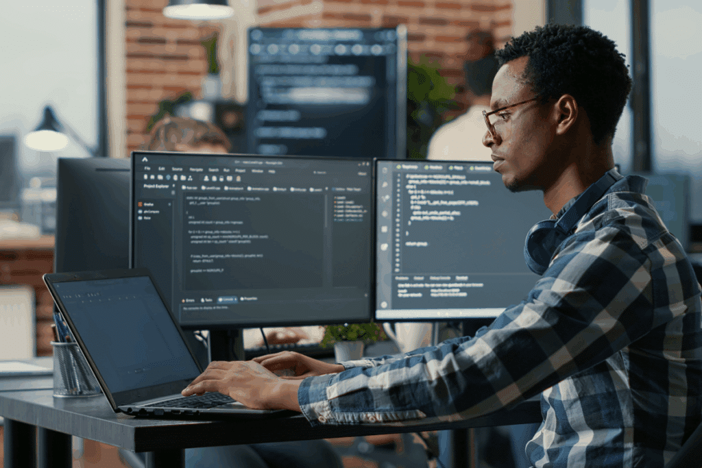 Homem negro de óculos e camisa xadrez concentrado digitando em um notebook diante de dois monitores com linhas de código, em um escritório moderno.