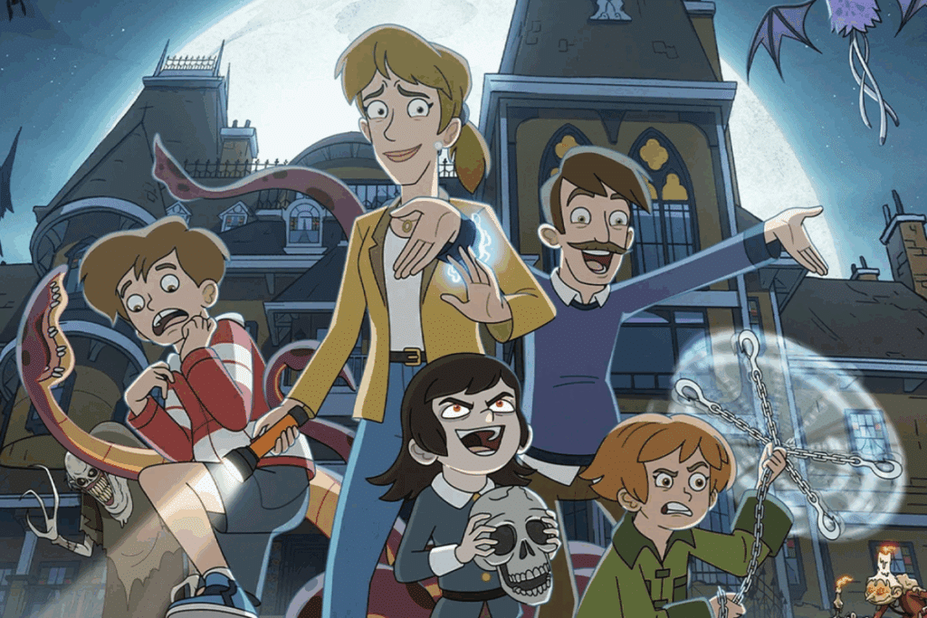 Ilustração em estilo desenho animado de uma família lidando com criaturas e eventos sobrenaturais em frente a uma mansão misteriosa.