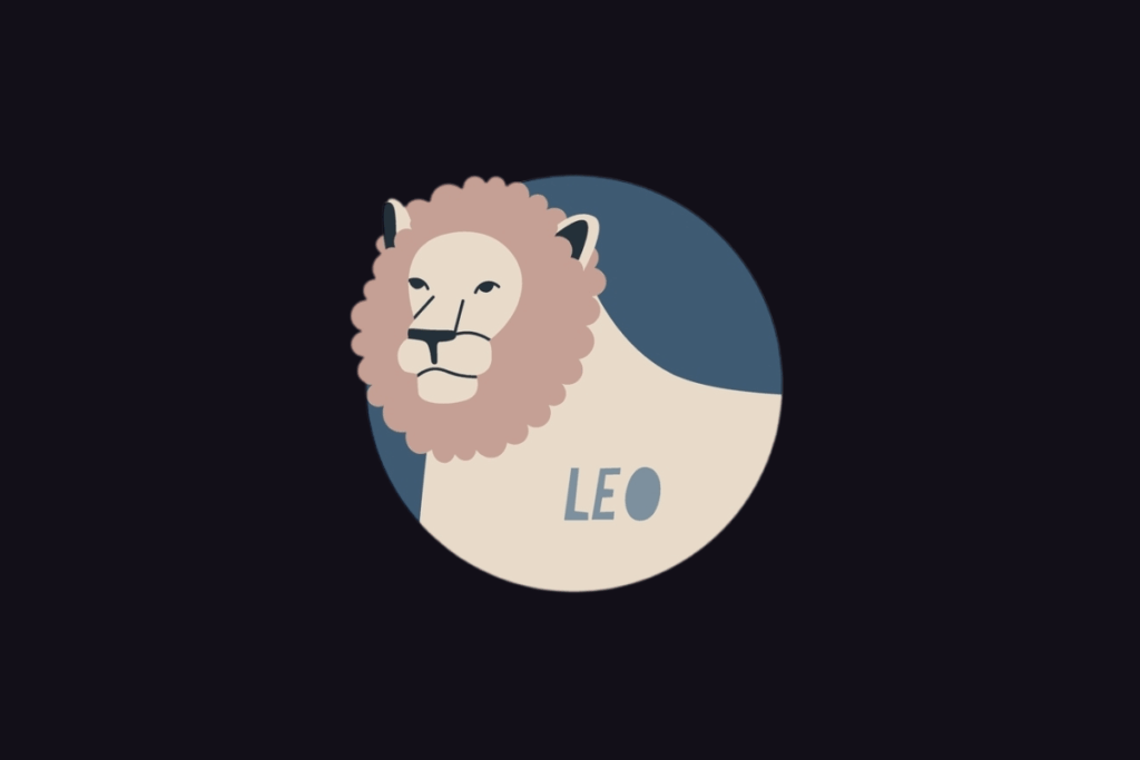 Ilustração do signo de Leão com o texto "Leo", mostrando a cabeça e a juba de um leão em tom suave sobre um fundo circular azul.