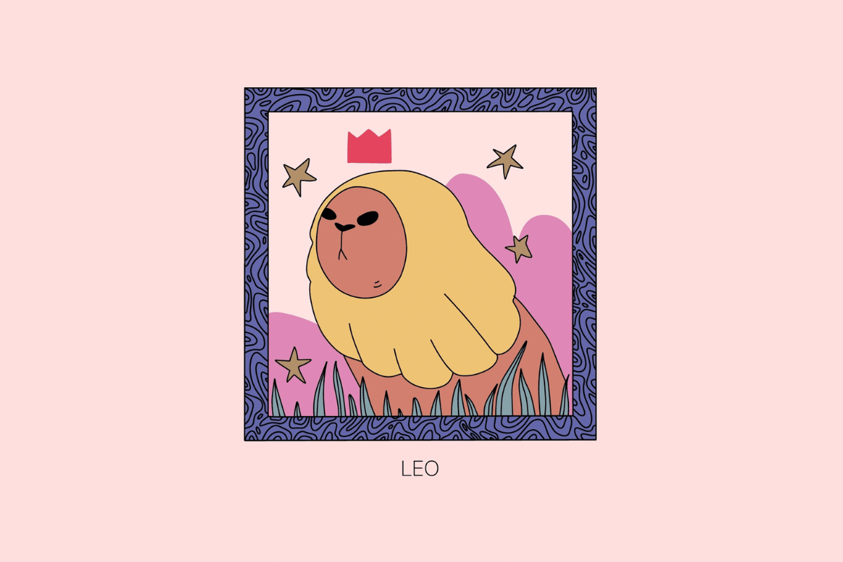 Ilustração estilizada do signo de Leão, mostrando a cabeça de um leão com juba amarela e uma pequena coroa acima, em moldura roxa com fundo rosa e a palavra "Leo" abaixo.