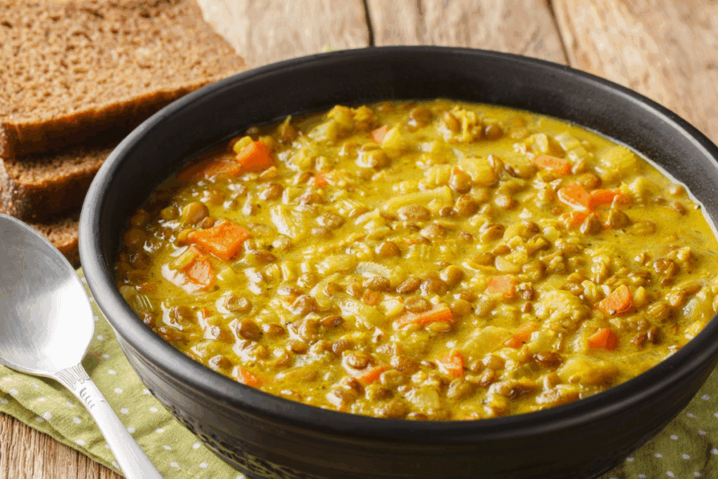 Prato de sopa preto com lentilha cozida
