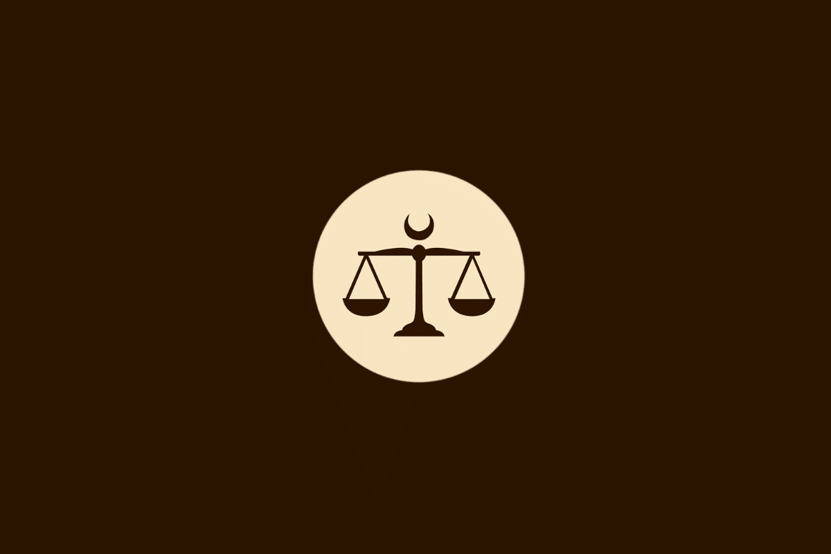 Ilustração vetorial do signo de Libra, representada por uma balança em equilíbrio com uma lua crescente acima da haste central, dentro de um círculo bege sobre fundo marrom.