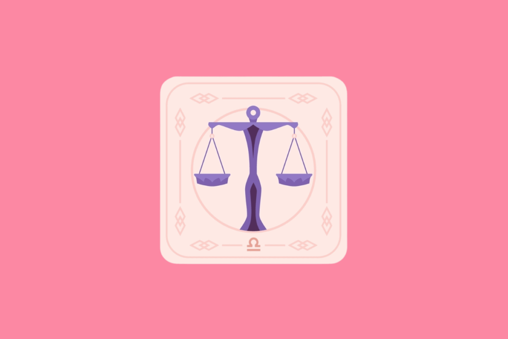 Ilustração estilizada de uma carta com fundo rosa pastel. No centro, dentro de uma moldura circular, há a ilustração de uma balança de dois pratos na cor roxa. Na parte inferior da carta, encontra-se o símbolo do signo de Libra.