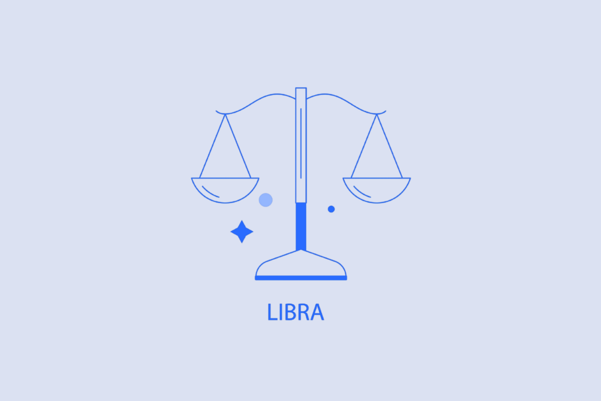 Ilustração minimalista em tons de azul e branco representando o signo de Libra. Mostra uma balança de dois pratos equilibrados, acompanhada de pequenos pontos e uma estrela ao fundo. Na parte inferior, está escrita a palavra "LIBRA" em letras maiúsculas azul-escuro.