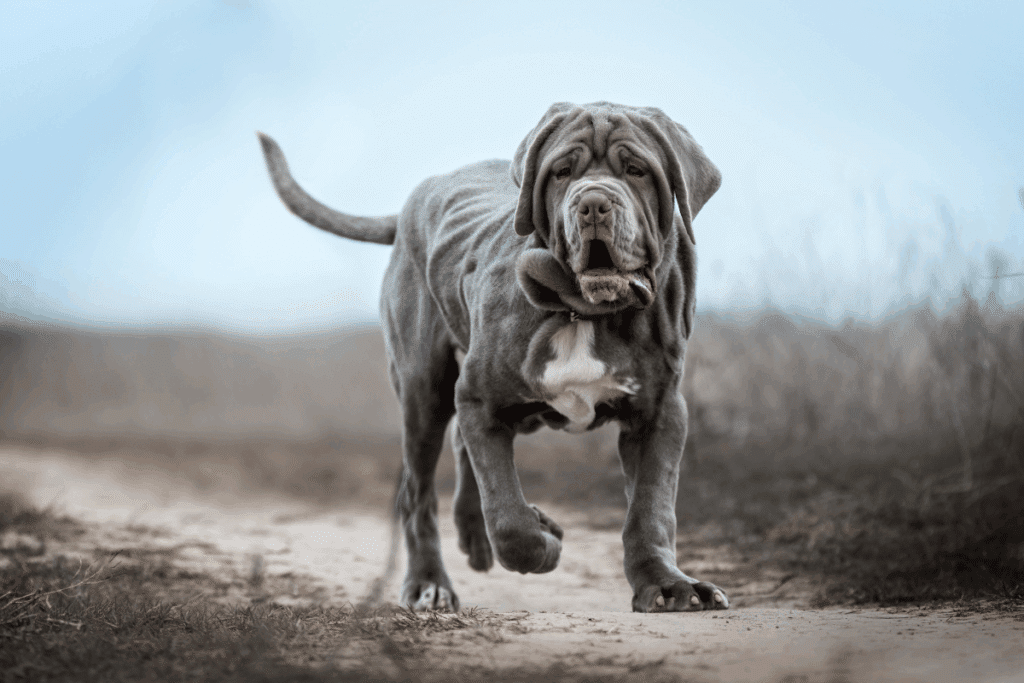 Cão da raça Mastim Napolitano de pelagem cinza caminhando em uma estrada de terra. O cão tem porte grande, físico musculoso e dobras marcantes de pele no rosto e no corpo.