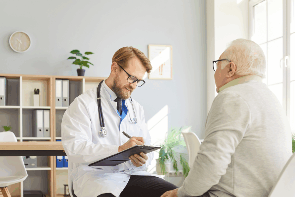 Médico usando jaleco branco, óculos e estetoscópio no pescoço, escrevendo em um prancheta enquanto atende um homem idoso em seu consultório.