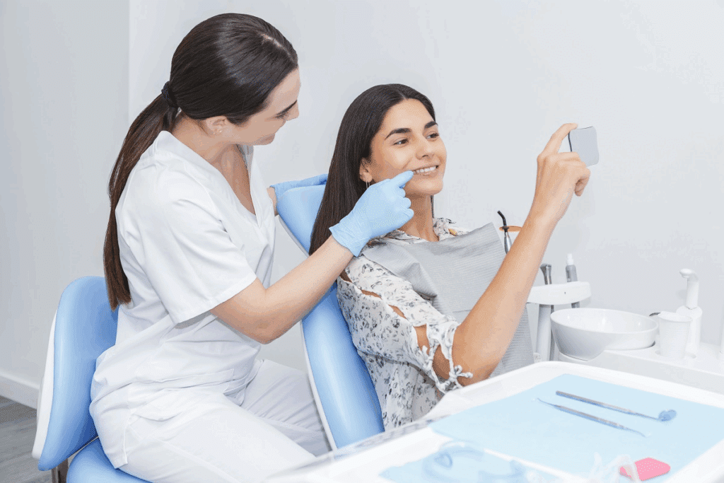 Uma dentista de uniforme branco e luvas azuis aponta para os dentes de uma paciente enquanto esta segura um pequeno espelho para examinar o próprio sorriso durante um atendimento no consultório.