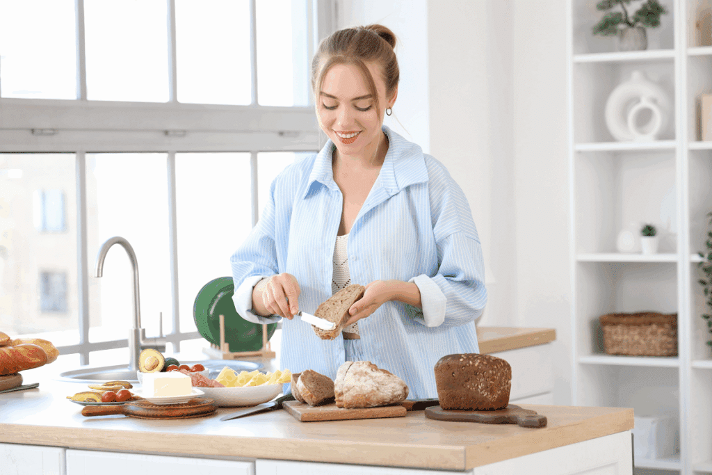 Uma mulher sorridente em uma cozinha iluminada passa manteiga ou pasta em uma fatia de pão caseiro. À sua frente, sobre a bancada de madeira, há fatias e pães artesanais, queijo, abacate e outros ingredientes para o café da manhã.   