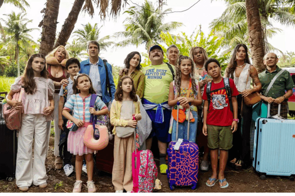 Um grupo grande de adultos e crianças de férias está reunido com malas e acessórios de viagem em um ambiente tropical com coqueiros