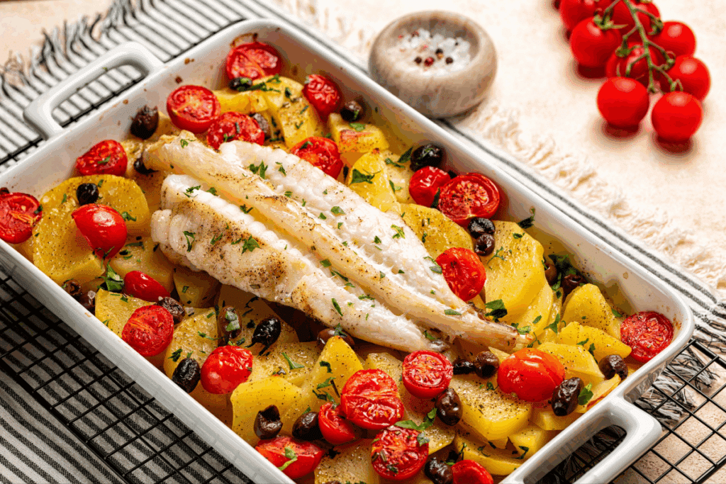 Filete de peixe branco assado sobre uma cama de batatas, tomates-cereja e azeitonas pretas numa assadeira retangular branca, polvilhado com ervas frescas.