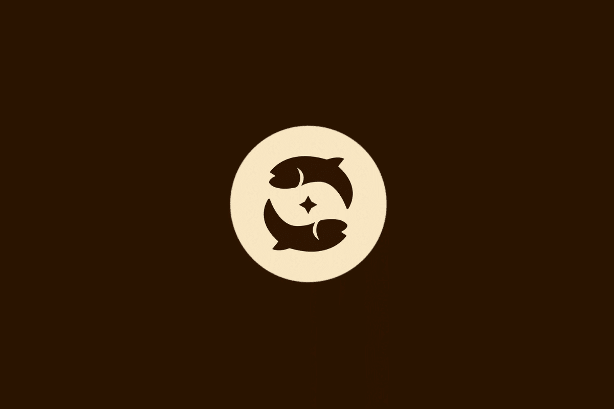 Ilustração vetorial do signo de Peixes, representada por dois peixes nadando em direções opostas em formato circular ao redor de uma estrela de quatro pontas, centralizada em um círculo bege sobre fundo marrom.