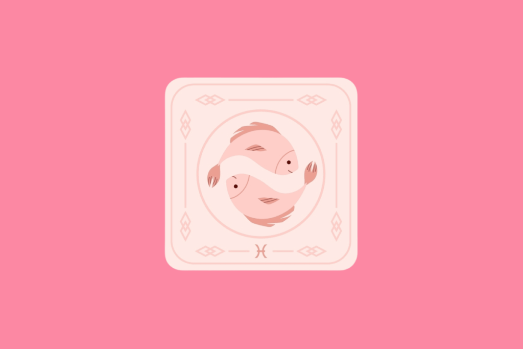Ilustração estilizada de uma carta com fundo rosa pastel. No centro, dentro de uma moldura circular, há dois peixes dispostos em formato circular, nadando em direções opostas. Na parte inferior da carta, encontra-se o símbolo do signo de Peixes.