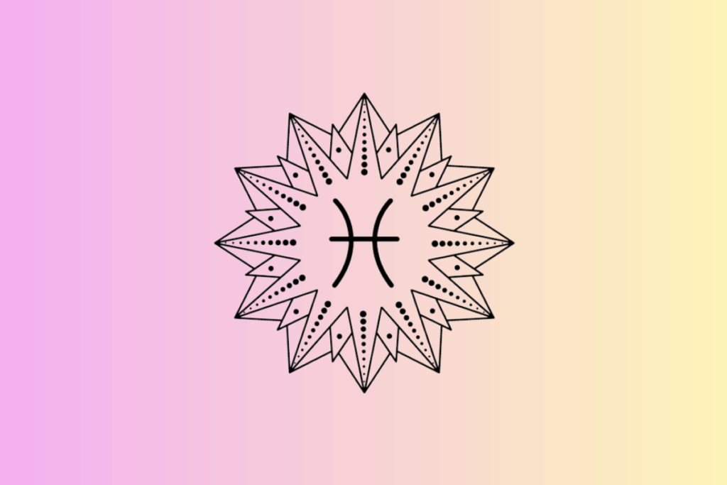 Ilustração com fundo em degradê do rosa para o amarelo, contendo ao centro um sol geométrico estilizado em preto e branco, com o símbolo do signo de Peixes no meio.