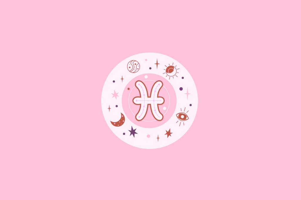 Ilustração estilizada em tons de rosa do símbolo do signo de Peixes, cercado por elementos místicos como lua, sol e estrelas. Em fundo rosa-claro.