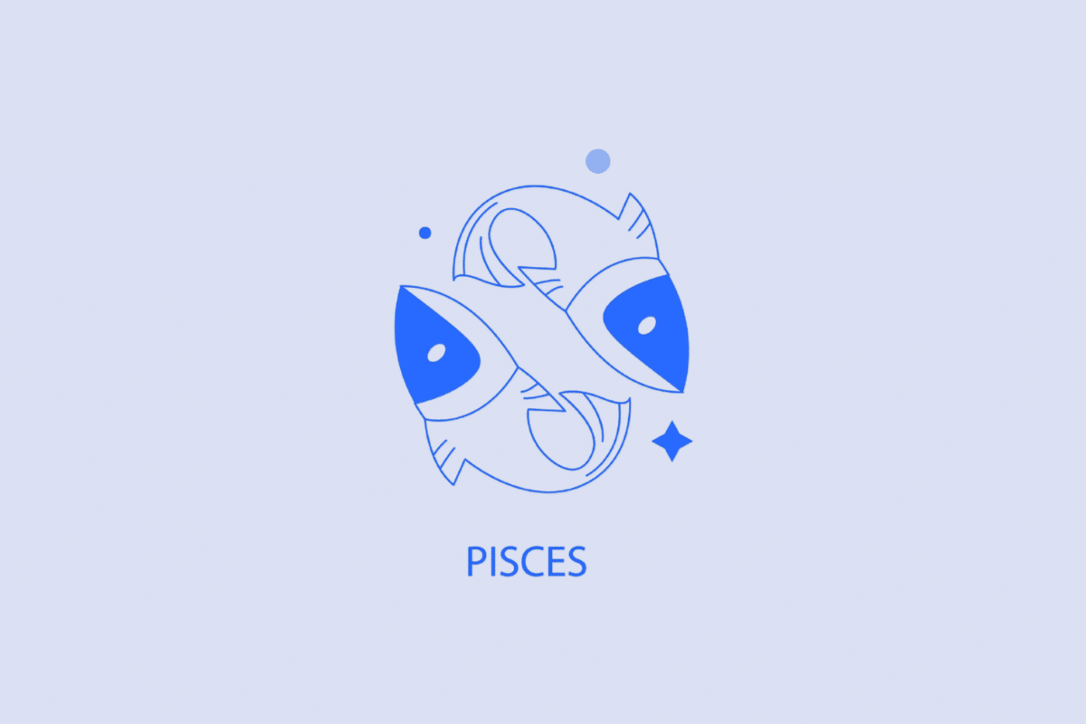 Ilustração minimalista em tons de azul e branco representando o signo de Peixes. Mostra dois peixes nadando em sentidos opostos formando um círculo, acompanhados de pequenos pontos e uma estrela ao fundo. Na parte inferior, está escrita a palavra "PISCES" em letras maiúsculas azul-escuro.