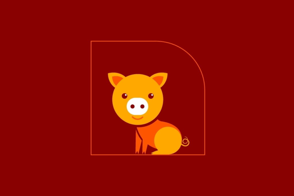 Ilustração vetorial simplificada de um porco amarelo e laranja sobre um fundo vermelho.